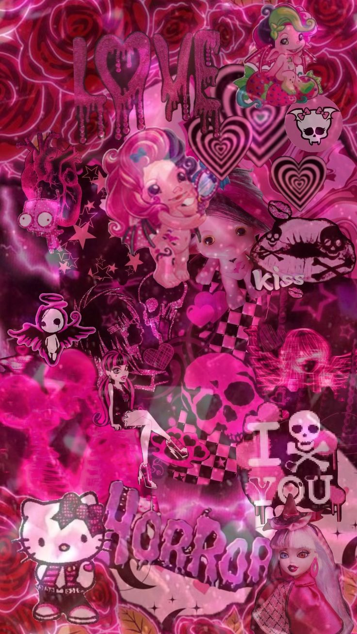 an abstract painting with skulls and hearts on the bottom, in pinks and purples