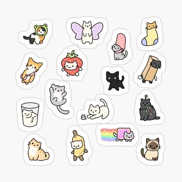 stickers with different types of cats and dogs on white background, including one in the middle