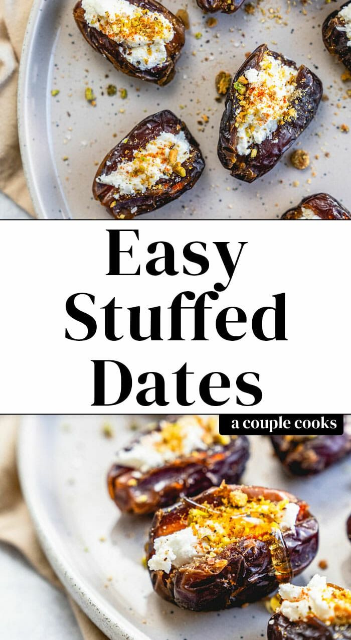 eggplant stuffed dates on a white plate with text overlay