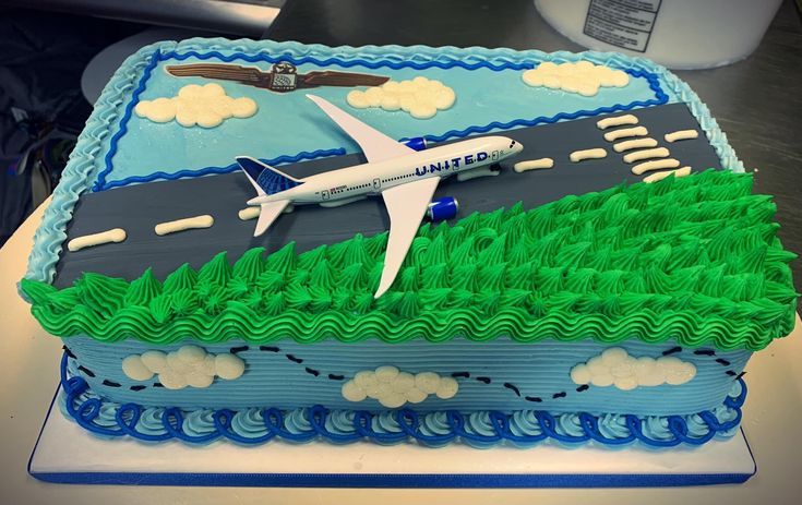 a cake that is shaped like an airplane on the runway with grass and clouds around it