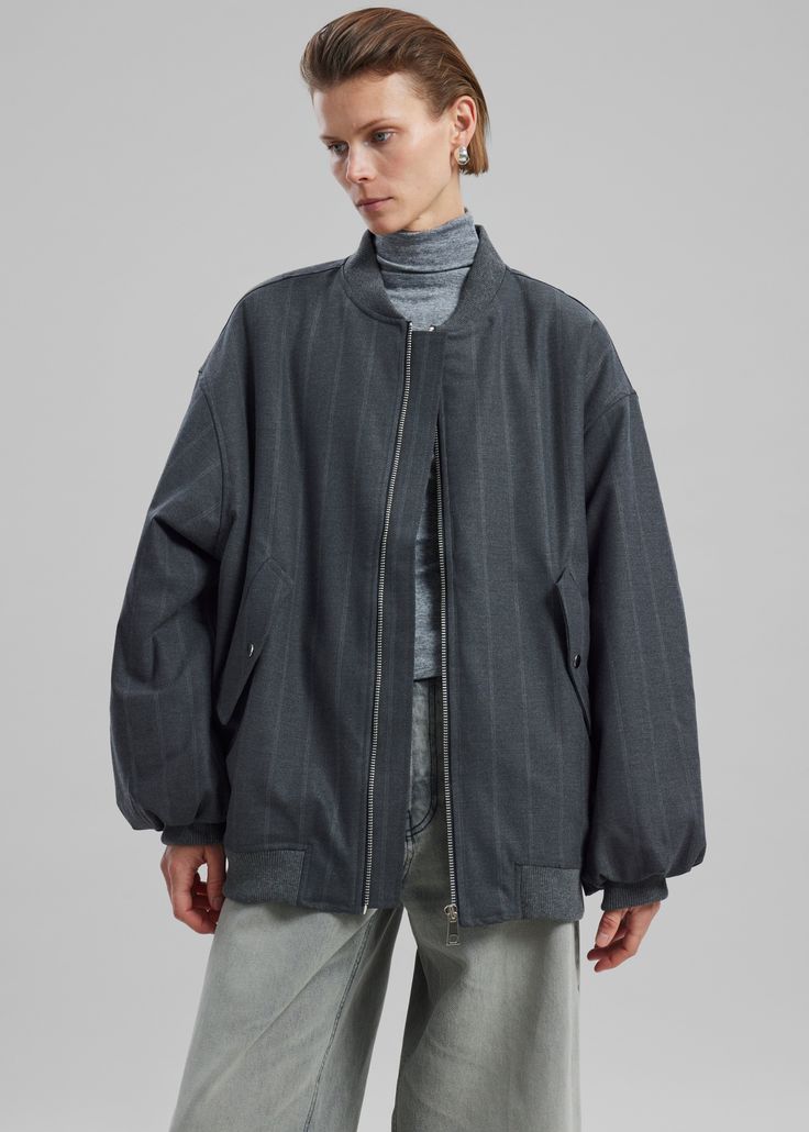 Color: Grey Stripe
 Midweight woven fabric
 Oversized fit
 Padded detailing throughout Baseball collar Drop shoulders Front flap pockets Rib-knit hem Front button closure Lined 100% Polyamide
 Dry Clean By The Frankie Shop. Imported Stripes Fabric, The Frankie Shop, Frankie Shop, Striped Fabrics, Gray Jacket, Grey Stripes, Flap Pocket, Oversized Fits, Drop Shoulder