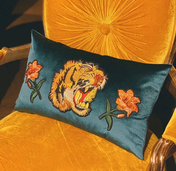 Vintage Retro Inspired Blue Velvet Embroidered Tiger Roar Pillow Cover Peacock Blue Couch, Blue Velvet Pillow, Tiger Roar, Embroidered Tiger, Tiger Roaring, Blue Couches, Upholstered Sectional, Velvet Pillow, Velvet Pillow Covers