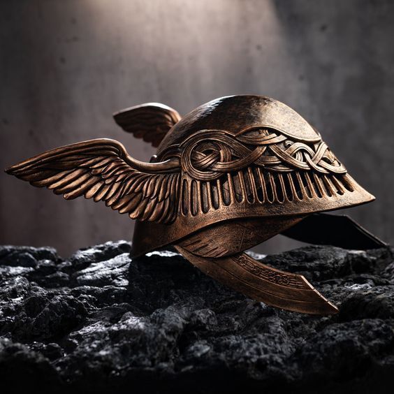 a bronze helmet with an eye and wings on top of some rocks in front of a dark background