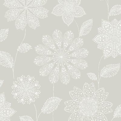 a wallpaper with white flowers and leaves on grey background, in the style of art nouveau