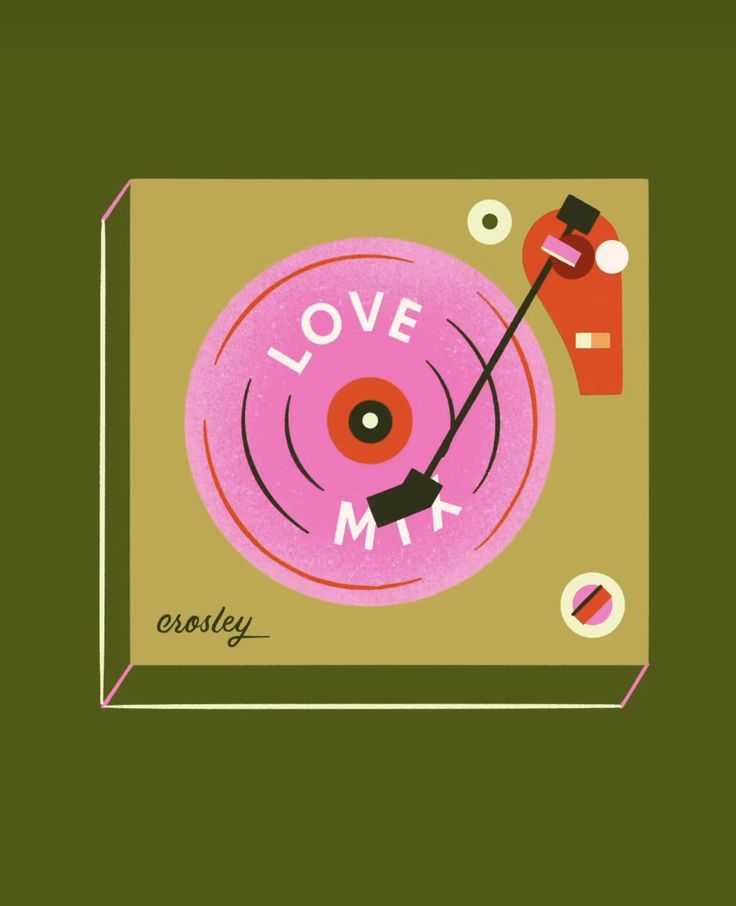 a pink record player with the words love me on it's face and an arrow in