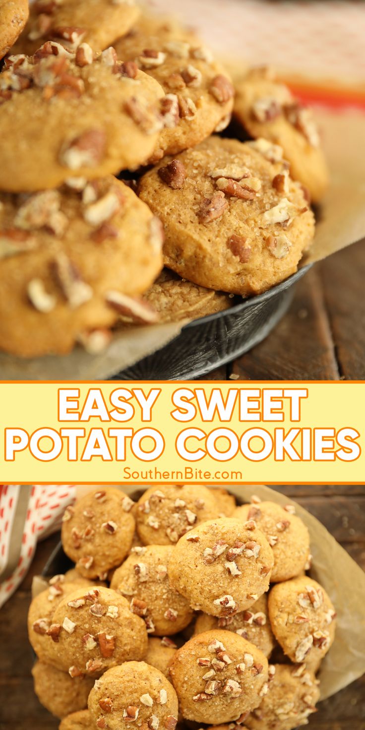 easy sweet potato cookies with pecans on top and in the middle, sitting on a plate