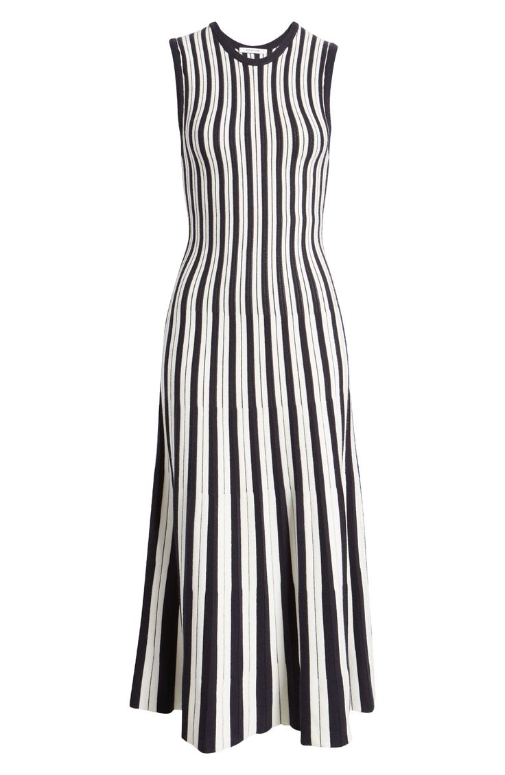 Vertically oriented stripes shape the contours of a fitted sweater-dress that stretches the season with a sleeveless silhouette. 44" length (size Medium) Slips on over head Crewneck Sleeveless Unlined 52% viscose, 29% polyester, 19% nylon Hand wash, line dry Imported Fitted Sleeveless Midi Dress With Vertical Stripes, Fitted Knee-length Dress With Vertical Stripes, Striped Ribbed Fitted Dress, Ribbed Striped Fitted Dress, Striped Fitted Knee-length Midi Dress, Fitted Vertical Stripes Midi Dress For Spring, Chic Striped Fitted Midi Dress, Fitted Midi Dresses With Vertical Stripes, Elegant Striped Bodycon Midi Dress