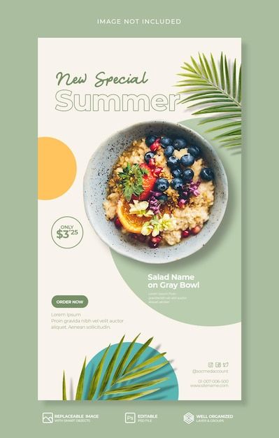 a flyer for a new special summer event with a bowl of oatmeal and fruit