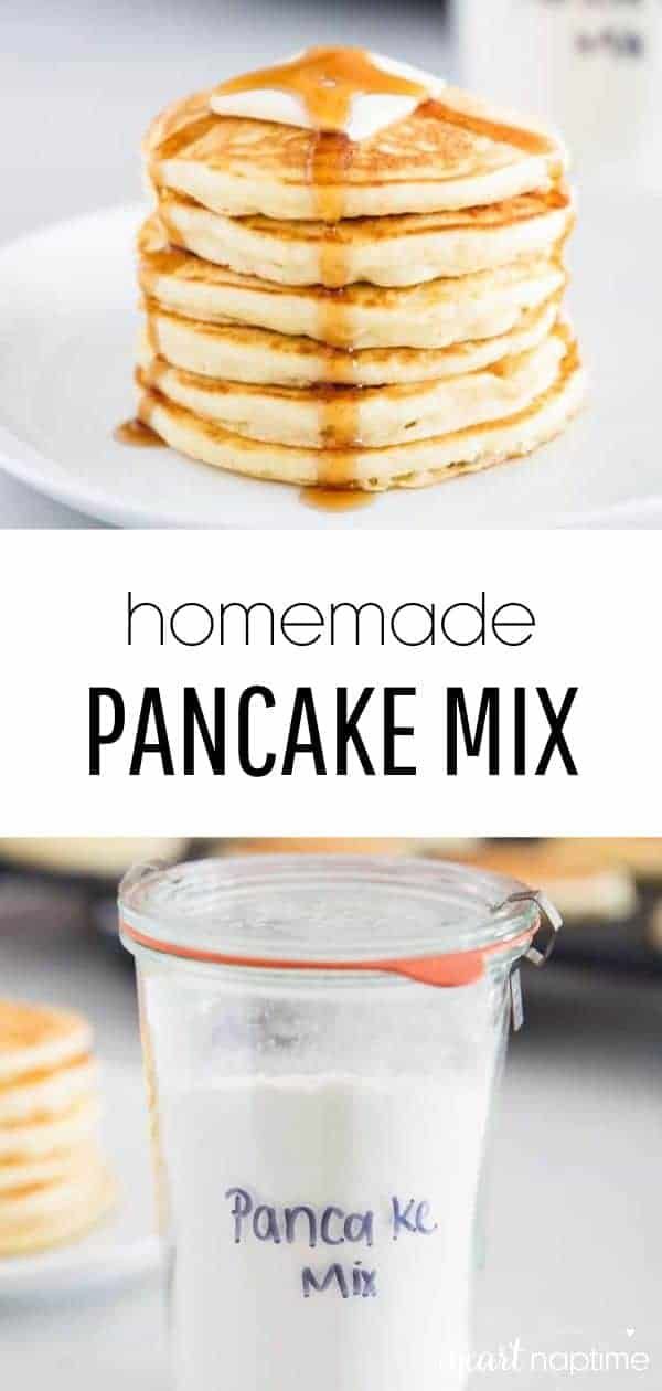 homemade pancake mix in a glass container and on a white plate with the words, homemade pancake mix