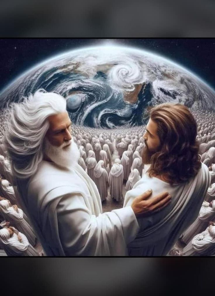 the image shows jesus and mary in front of a large group of people, with earth in the background