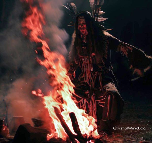 a man dressed in native american clothing sitting next to a fire with his arms outstretched