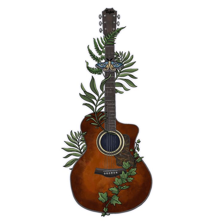 an acoustic guitar decorated with plants and leaves on a white background is featured in this illustration