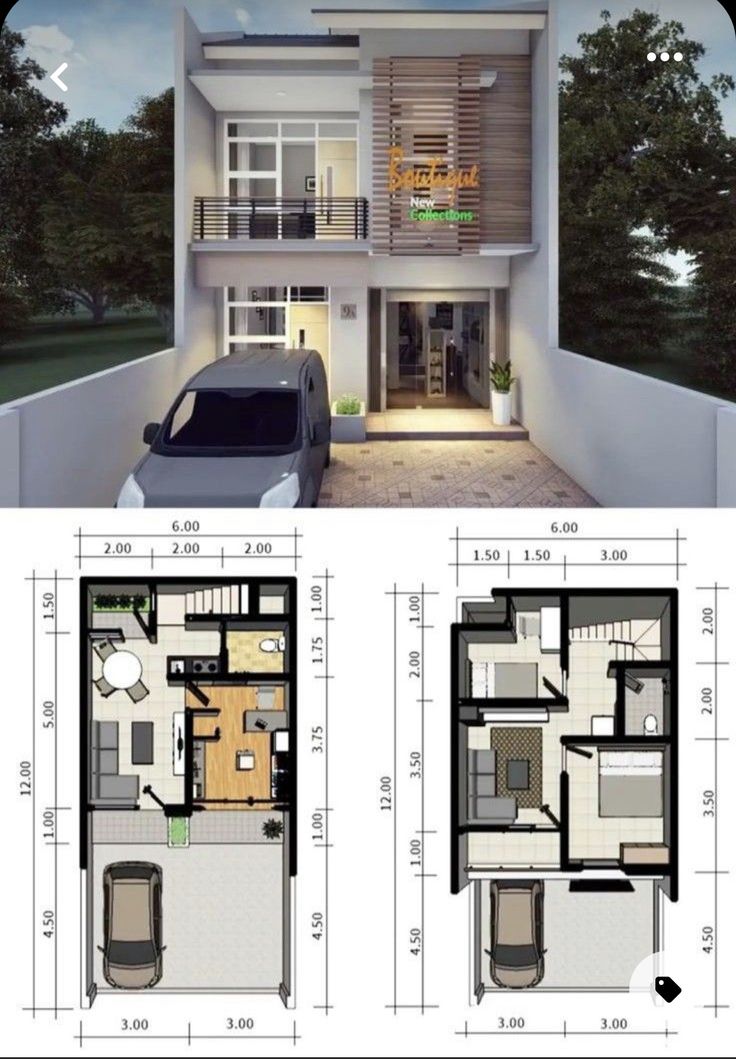 two story house plans with garage and living room in the middle, one bedroom on each floor