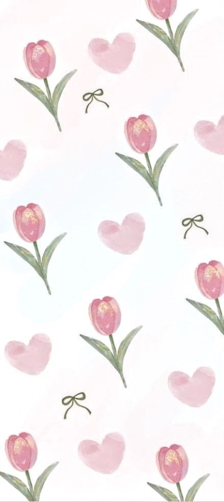 pink tulips and hearts on a white background