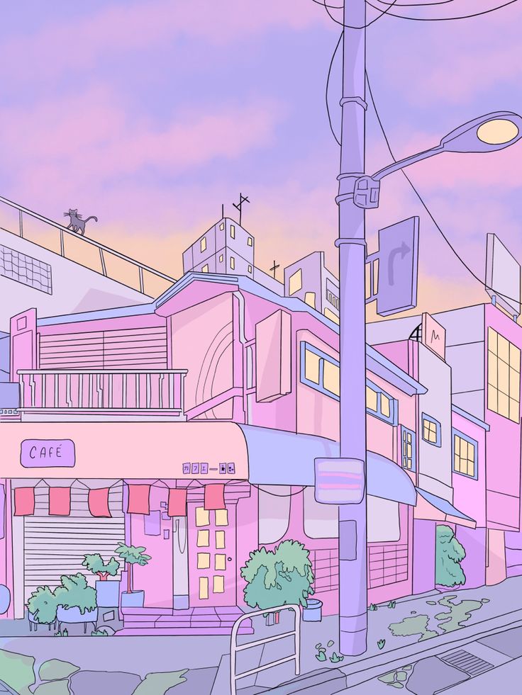 an image of a city street scene with pink and purple buildings in the background,