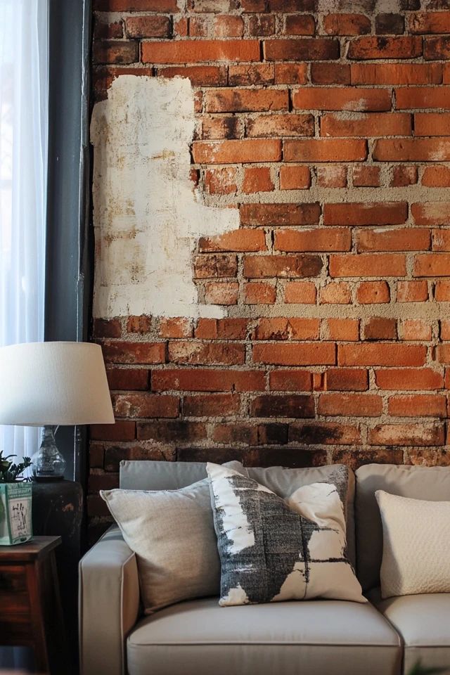 a couch sitting in front of a window next to a lamp and a brick wall