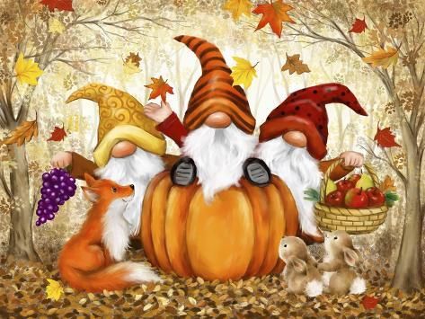 a painting of gnomes sitting on top of a pumpkin surrounded by leaves and autumn foliage