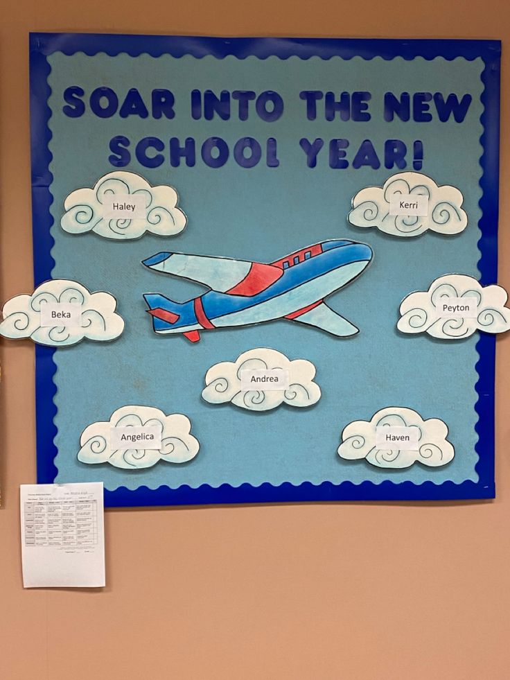 a bulletin board with an airplane in the sky