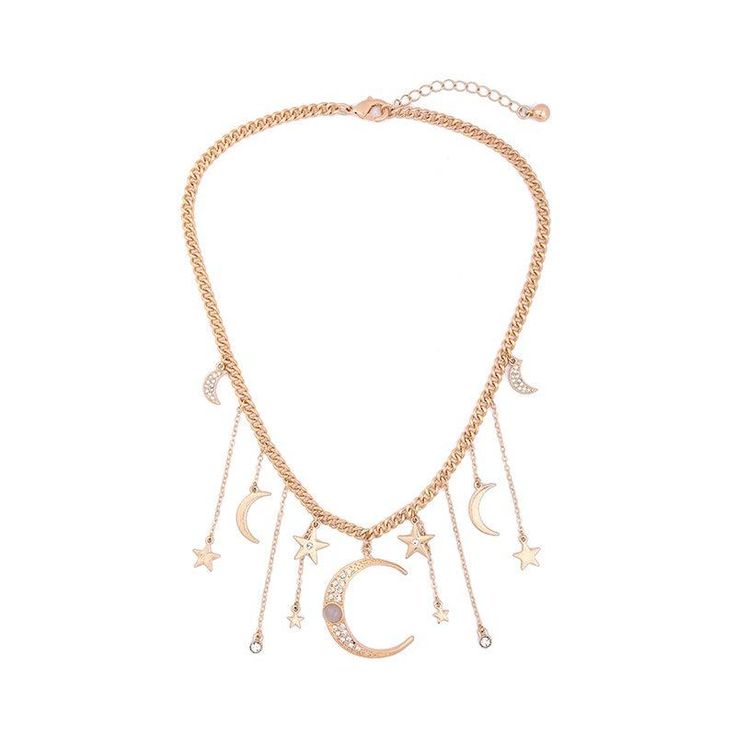 Moonstruck Statement Necklace features rhinestone studded crescent moon pendants on a golden chain. A unique, statement necklace for celestial jewelry lovers! Moon-shaped Clavicle Chain Necklace For Party, Bohemian Crescent Metal Necklaces, Gold Jewelry With Moon Charm For Party, Moon-shaped Metal Necklace With Adjustable Chain, Moon Phase Metal Necklace In Moon Shape, Moon Shaped Metal Necklace With Adjustable Chain, Moon Phase Necklace In Metal, Metal Moon Phase Choker Necklace, Crescent Moon Charm Jewelry For Parties