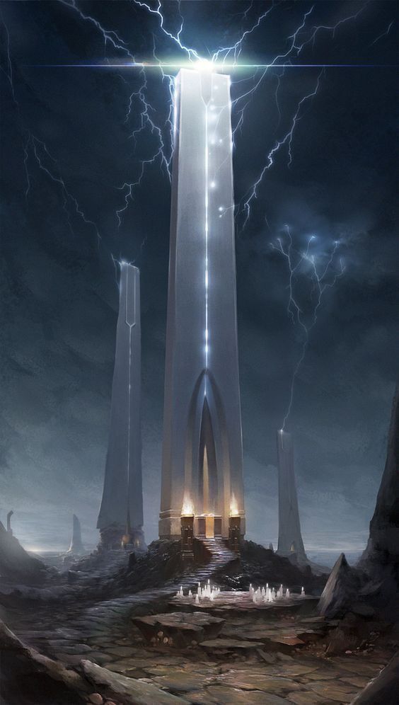 an artist's rendering of a sci - fi city with lightning in the sky