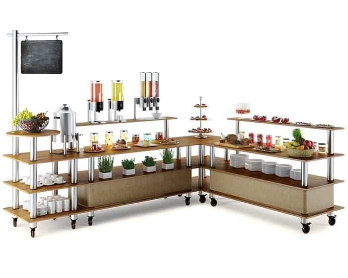 an assortment of food items displayed on wooden shelves