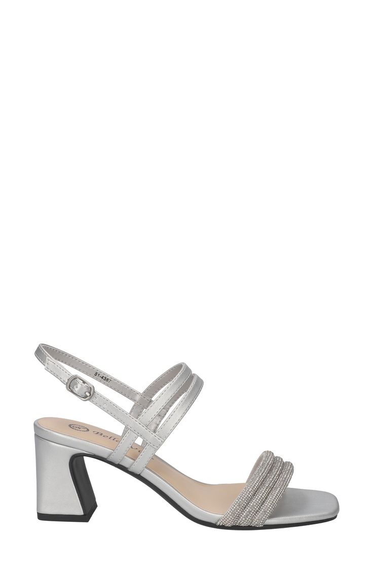 Sparkling rhinestones add a dose of glam to a slingback sandal framed by an angular square toe and covered block heel. 2 1/4" heel Adjustable slingback strap with buckle closure Cushioned footbed Synthetic upper, lining and sole Imported Evening Synthetic Slingback Pumps With Block Heel, Elegant Silver Slingback Sandals With Padded Heel, Elegant Synthetic Square Toe Slingback Sandals, Silver Block Heel Slingback Pumps For Evening, Silver Slingback Sandals With Padded Heel For Evening, Evening Slingback Sandals With Low Heel, Silver Slingback Sandals With Heel Strap For Evening, Evening Low Heel Slingback Sandals With Heel Loop, Silver High Heel Slingback Sandals With Padded Heel