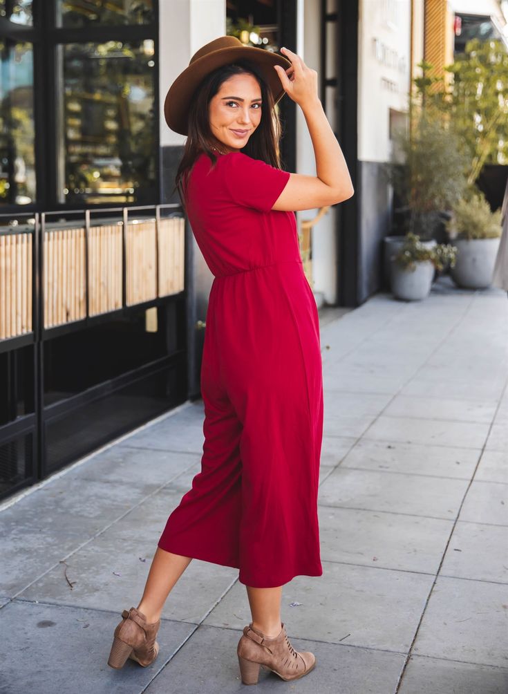 These oh-so comfy jumpsuits are sure to become your favorite piece! Available in tons of colors you can style it so many ways. Add a jean jacket and sneakers or dress it up with a statement necklace and heels. Sizing Small 0-4 Medium 6-8 Large 10-12 XL 12-14 Models are 5'4" wearing size small Red Stretch Jumpsuits And Rompers For Fall, Red Jumpsuits And Rompers For Work In Fall, Red Jumpsuit For Work In Fall, Red Jumpsuit For Workwear In Fall, Solid Relaxed Fit Jumpsuits And Rompers For Fall, Casual Jumpsuits And Rompers For Spring, Casual Solid Color Jumpsuits And Rompers For Spring, Casual Stretch Jumpsuits And Rompers For Spring, Red Solid Color Jumpsuits And Rompers For Spring