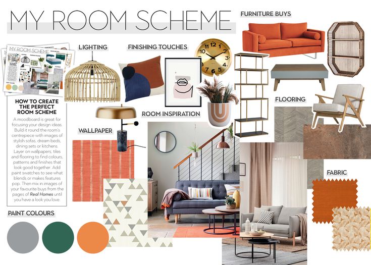 an interior design mood board with orange and grey accents