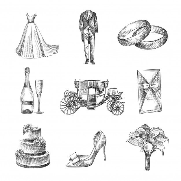 hand drawn wedding items and bride's dress, shoes, ring, veil, bouquet