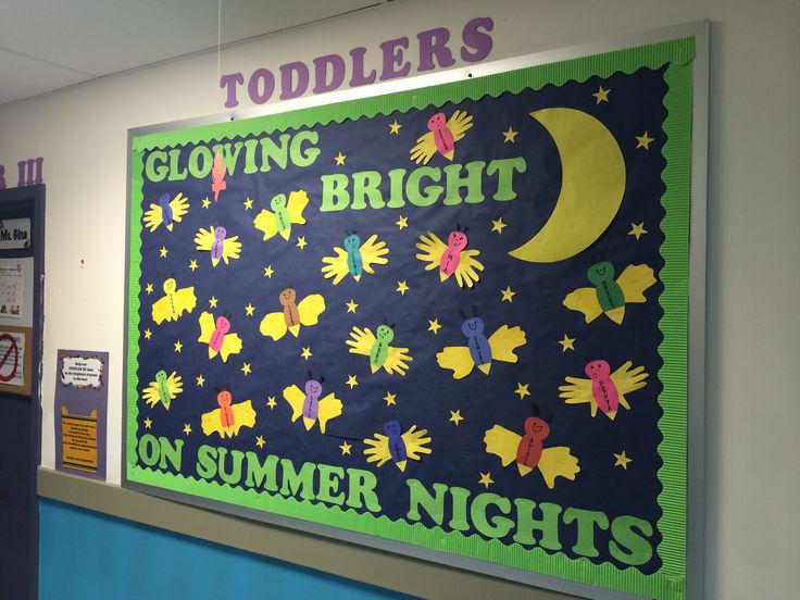 a bulletin board with the words glowing bright on summer nights written in green and yellow