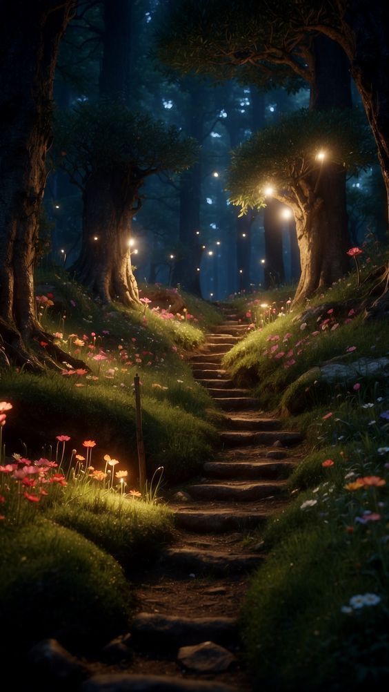 a path in the middle of a forest at night with lights shining on trees and flowers