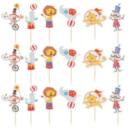 a bunch of cupcake toppers that are on a stick with animals and circus characters