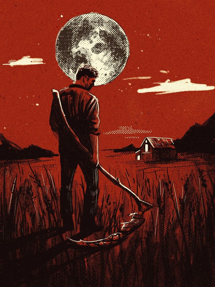 a man standing in the middle of a field under a full moon