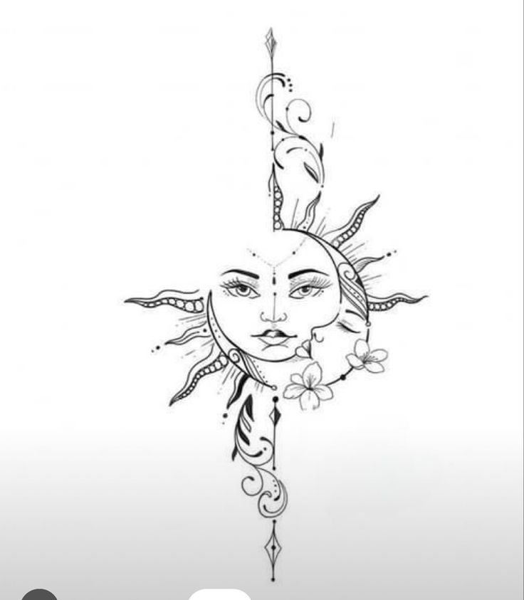 a drawing of a sun with a face and flowers on it's head, in black and white