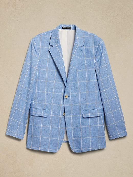 Tailored-Fit Windowpane Suit Jacket | Banana Republic Factory Plaid Linen Blazer With Notch Lapel, Tailored Plaid Linen Blazer, Tailored Linen Plaid Blazer, Plaid Linen Outerwear For Work, Tailored Plaid Linen Outerwear, Plaid Linen Blazer For Business, Formal Plaid Linen Blazer, Tailored Plaid Sport Coat For Spring, Spring Tailored Plaid Sport Coat