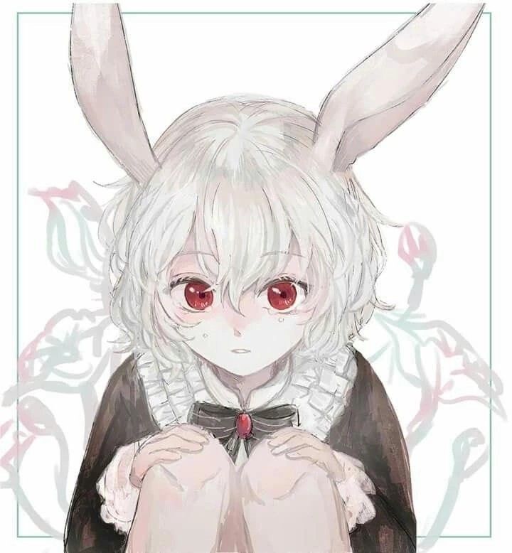 an anime character with white hair and red eyes wearing bunny ears, holding her hands to her chest