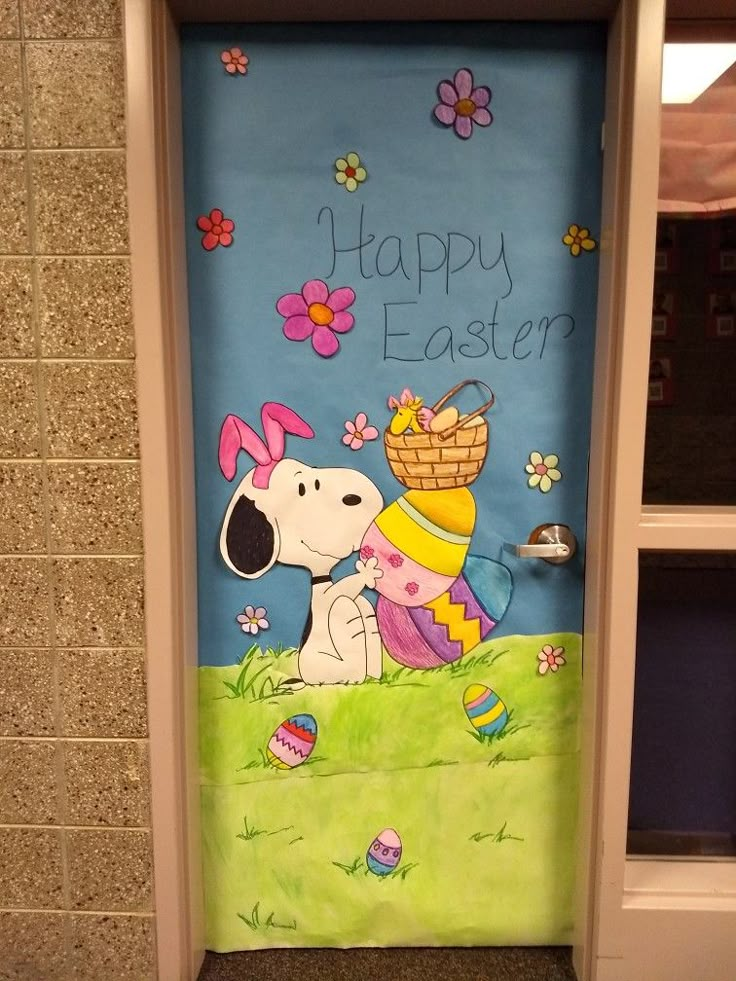 a door decorated with an image of a dog and easter basket