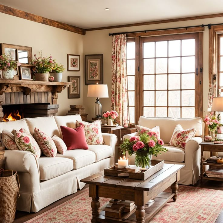 a living room filled with furniture and flowers