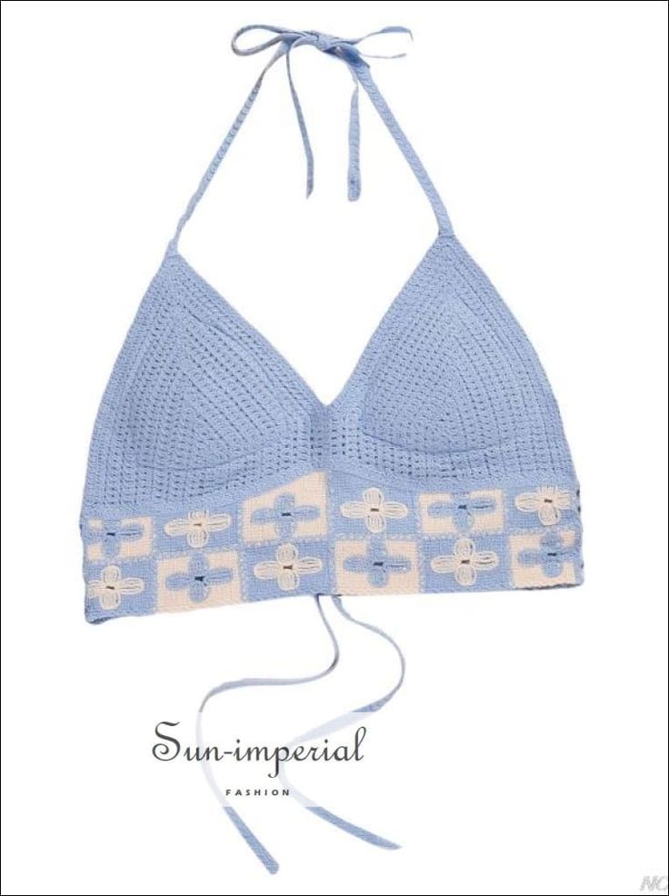 Women Crochet Boho Beach Halter Tank Top Sun-Imperial United States Summer V-neck Beach Crop Top, Blue Halter Top For Spring Beach Party, Blue Halter Top For Summer Beach Party, Blue Beachwear Halter Top For Vacation, Chic Blue Triangle Halter Top, Blue Halter Top For Beach Vacation, Blue Summer Halter Top For Beachwear, Blue Triangle Top Halter For Summer, Blue Summer Halter Top For Beach Season