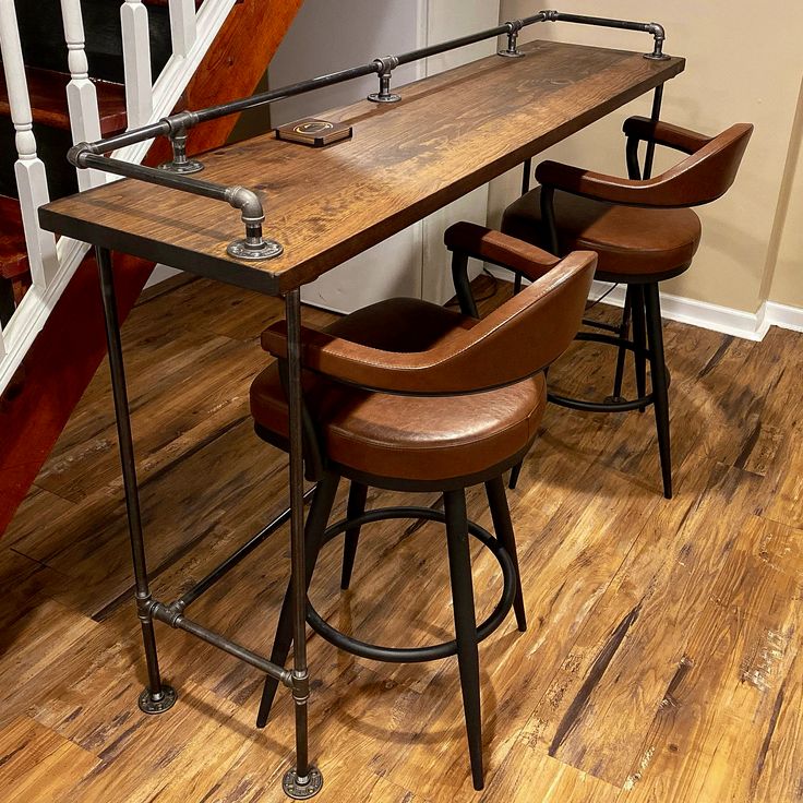 Industrial pipe style wood bar table 42 inch tall, dark walnut stain Rustic Bar Table & Stools, Tall Bar Table High Tops, Vintage Bar Table, Rustic Breakfast Bar, Repurpose Bar Stool Ideas, Bar High Table, Island Extension, High Top Bar Table, Industrial Bar Table