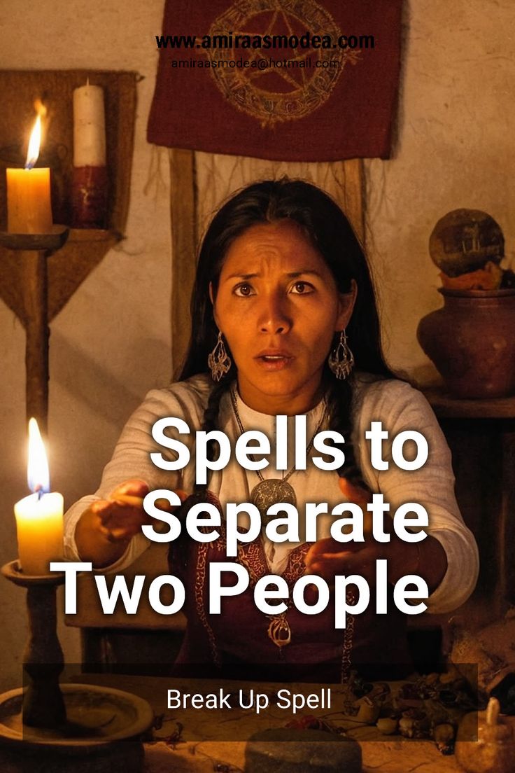 a woman sitting in front of a candle with the words spells to separate two people