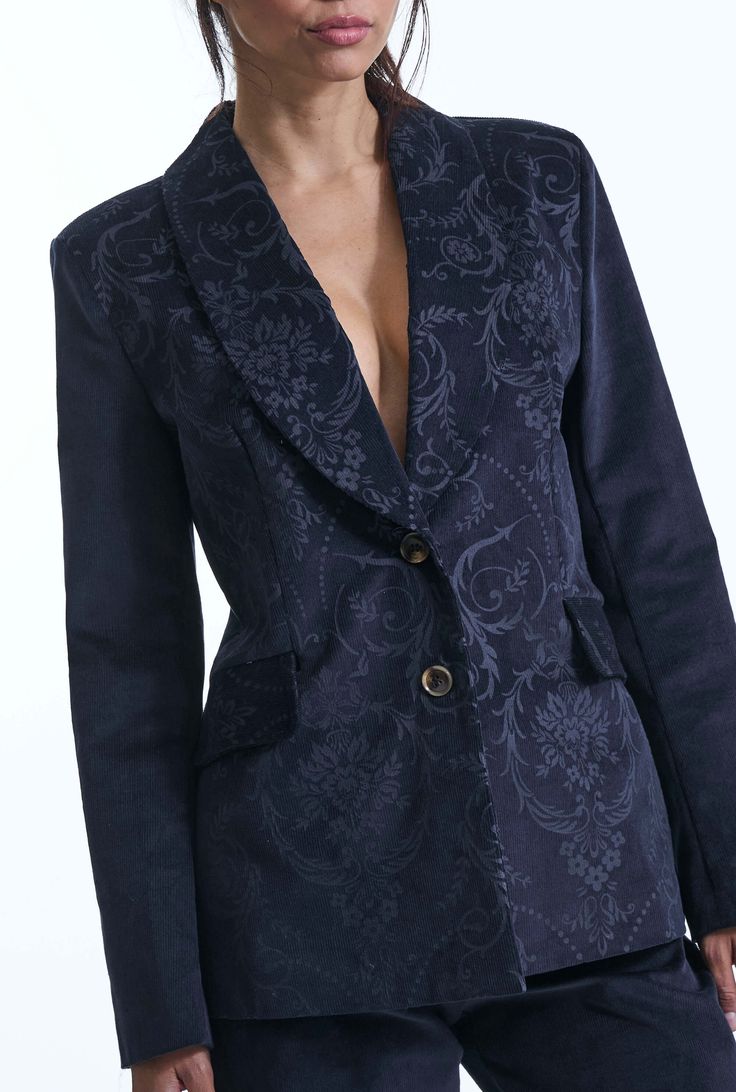 Elevate your style with this James Lakeland corduroy blazer. Crafted from premium cotton, it features a chic baroque motif embossed in ribbed velvet. The shawl lapel, two front buttons, and side flap pockets add timeless elegance. Tailored for a slimmer fit, it enhances your figure while ensuring comfort.    Made in Italy 98% Cotton, 2% Elastane; Lining: 100% Polyester Machine Wash at 30°C, Do not bleach, Permanent Press, Iron at Low Temperature, Dry Clean any solvent except trichloroethylene, D Ysl Loulou Navy, Luxury Leather Jacket With Lapel Collar For Workwear, Luxury Long Sleeve Tweed Sport Coat, Maternity Trousers, Corduroy Blazer, Blazer Jackets For Women, Tall Jeans, Petite Tops, Petite Jeans