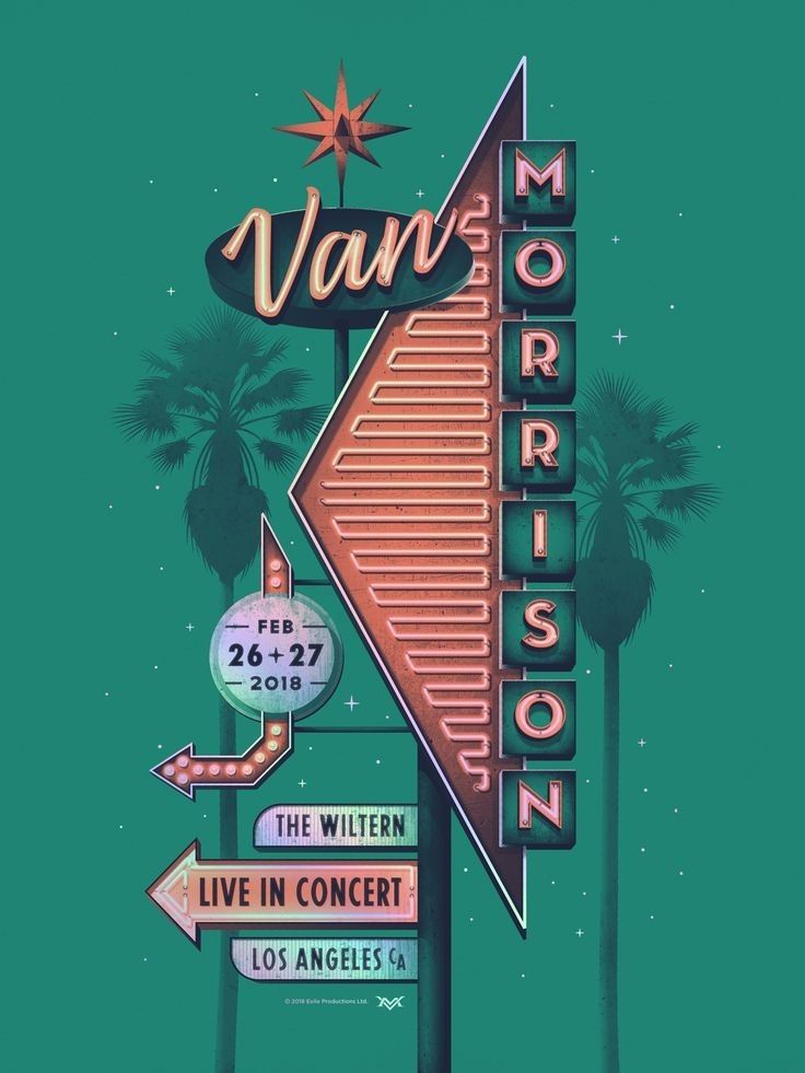 a neon sign that says van morrison's on the side of a building with palm trees in the background