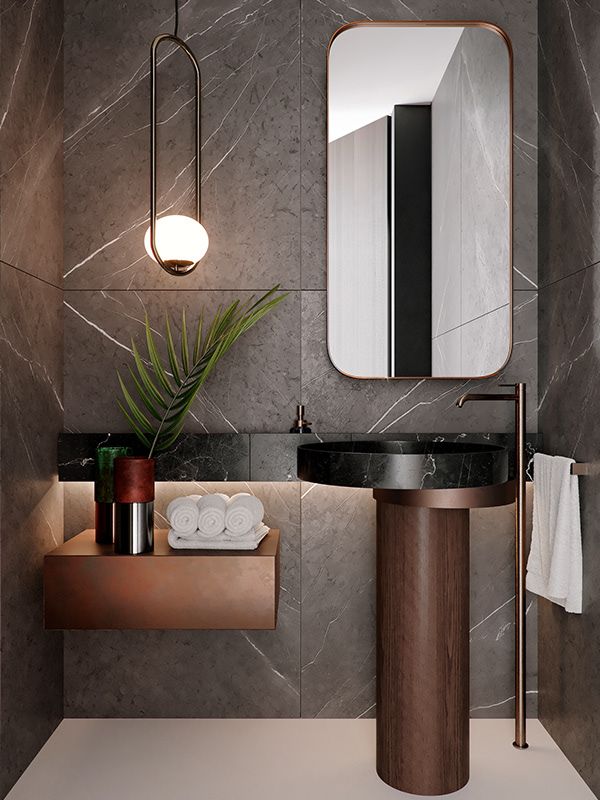 a bathroom with a sink, mirror and towel rack in it's corner area