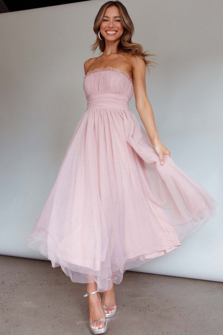 Fayette Strapless Mesh Midi Dress Blush Tulle Midi Bridesmaid Dress, Rehearsal Dinner Dress Pink, Selfie Leslie Pink Dress, Light Pink Winter Formal Dresses, Ballerina Pink Bridesmaid Dresses, Pink Tulle Midi Dress, Soft Pink Dress Bridesmaid, Light Pink Tulle Dress, Frilly Bridesmaid Dress