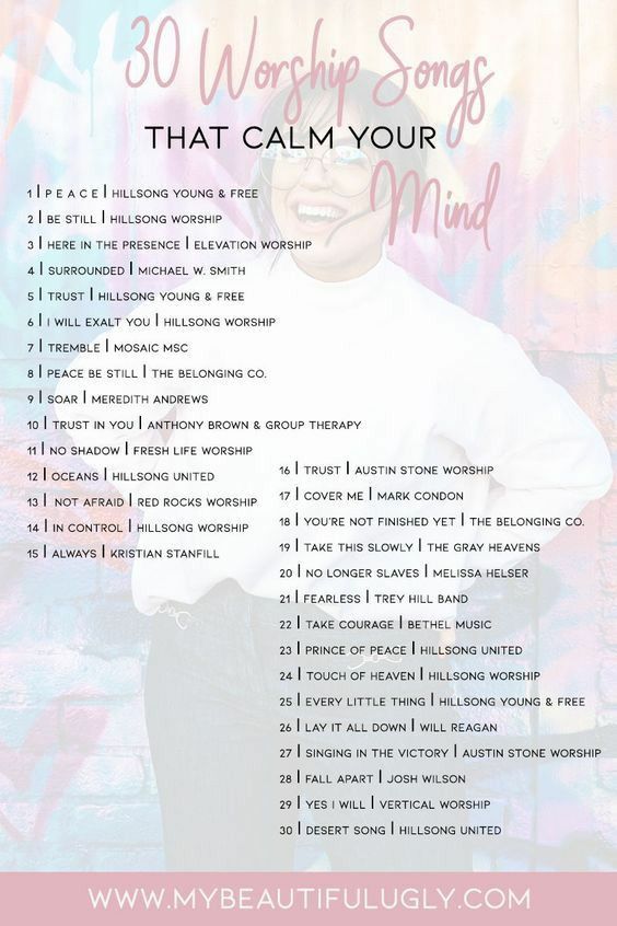 a woman standing in front of a wall with the words 30 worship songs that calm your mind