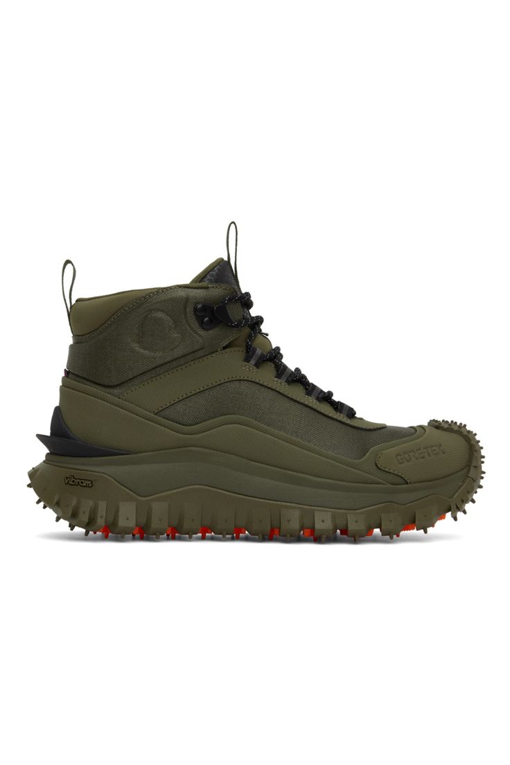 Moncler: Khaki Trailgrip GTX Sneakers | SSENSE Green Waterproof Lace-up Sneakers, Gore-tex Sneakers With Vibram Sole For Streetwear, Functional Green High-top Sneakers With Round Toe, Green Functional High-top Sneakers With Round Toe, Functional High-top Sneakers With Studded Outsoles For Outdoor, Green Casual Sneakers For Outdoor Work, Casual Green Sneakers For Outdoor Work, Lace-up Sneakers With Rubber Sole For Outdoor Work, Green Gore-tex Low-top Sneakers