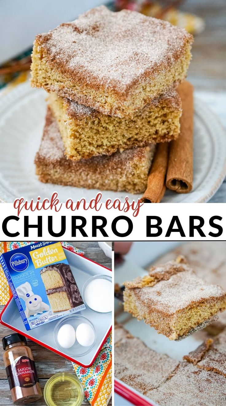 this is a collage of photos with different types of food on it and the words, quick and easy churro bars