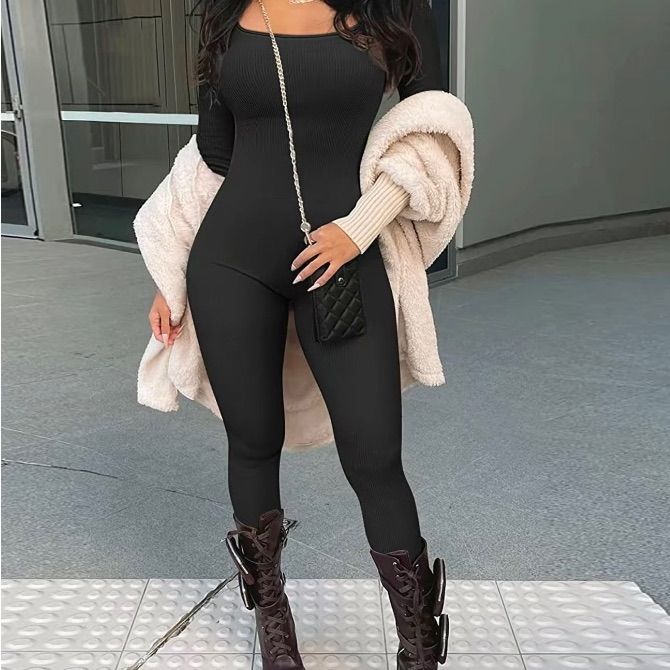 Yetowa Women's One Piece Bodycon Jumpsuit High Neck Long Sleeve Zipper Romper Clubwear Black High Stretch Jumpsuits And Rompers For Winter, Black High Stretch Winter Jumpsuits And Rompers, High Stretch Black Winter Jumpsuits And Rompers, Winter Black High Stretch Jumpsuits And Rompers, Black Bodycon Jumpsuits And Rompers For Night Out, Black Bodycon Jumpsuit For Night Out, Black Stretch Jumpsuits And Rompers For Fall, Non-stretch Black Chic Bodysuit, Fall Black Stretch Jumpsuits And Rompers