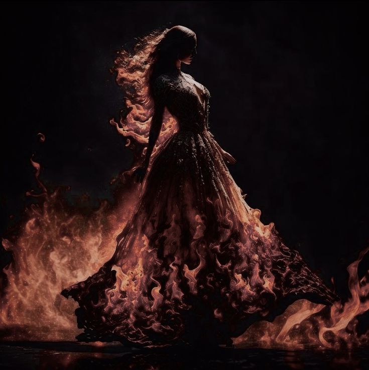 a woman in a long dress is on fire